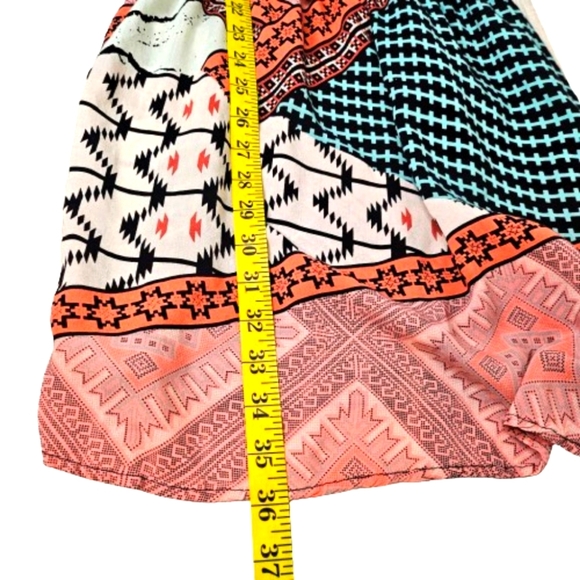 Womens Multicolored Mix Pattern Tie V-Neck Smocked Waist Mini Spring Dress M - Picture 9 of 11